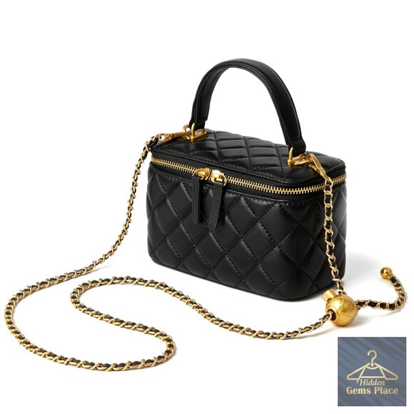 Mini Quilted Leather Crossbody Bag With Chain Strap Top Handle Pouch